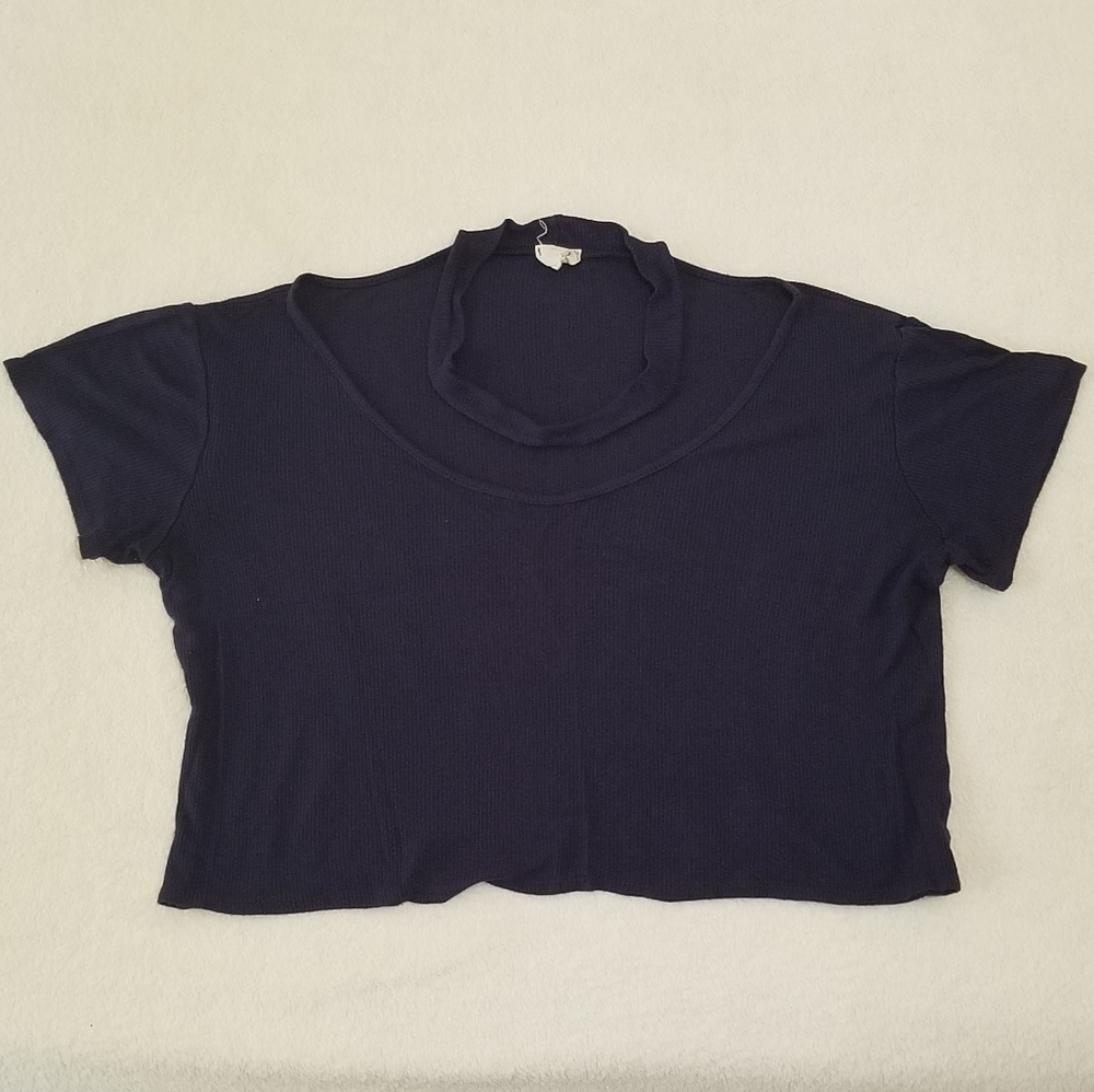 Medium Navy Faux-Choker Rib-Knit Tee